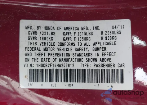 2017 Honda Accord Sport Se from USA, damaged, VIN 1HGCR2F16HA205912